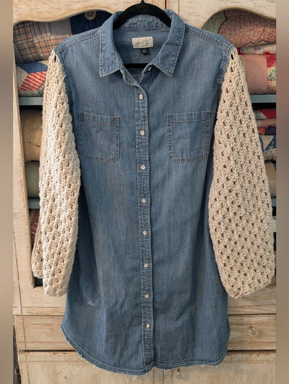 Upcycled Denim Shirt Dress with Hand-Crochet Sleeves - Cream & Blue